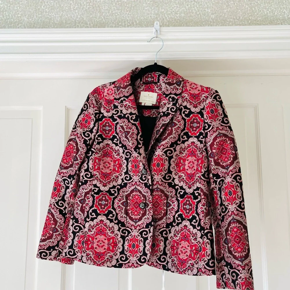 Kate Spade red black brocade jacket 2